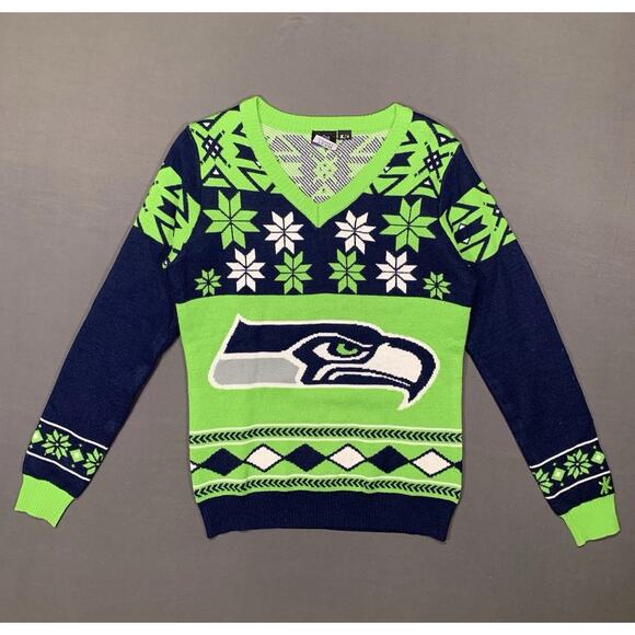 Seattle Seahawks V-Neck Ugly Christmas Sweater NFL Football Pullover Apparel MED - Picture 1 of 11